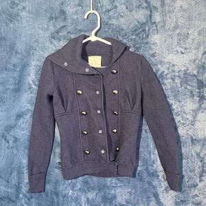 Vintage 90s Qi Navy Blue 100% Wool Button Cardigan Sweater Womens Size Small